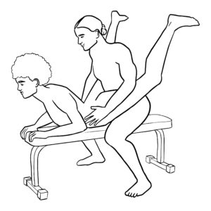 Two people having anal sex in the seated wheelbarrow position
