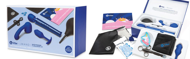 The BVibe x Le Wand Anal Massage Education Kit contains everything you need to begin your journey into anal play and massage - including a guide book, anal plug, douche and a massage wand