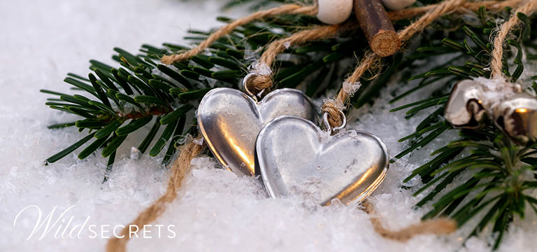 Two heart shaped charms lie in the snow in front of fir tree leaves. Finding time to foster intimacy over the holiday season can be a challenge, so we