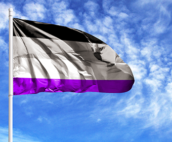The asexual flag flutters from a flagpole