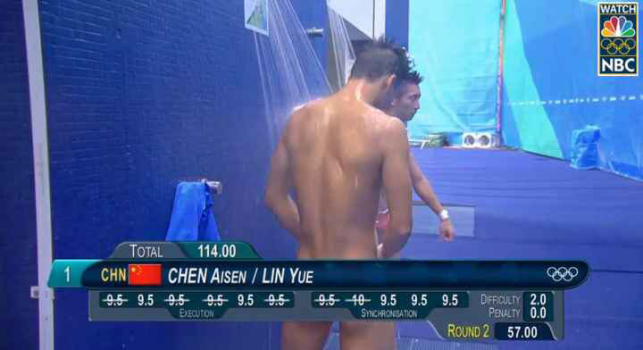 A shot of two Chinese male divers from 2012. The graphics on screen make them look naked and suggestively posed.